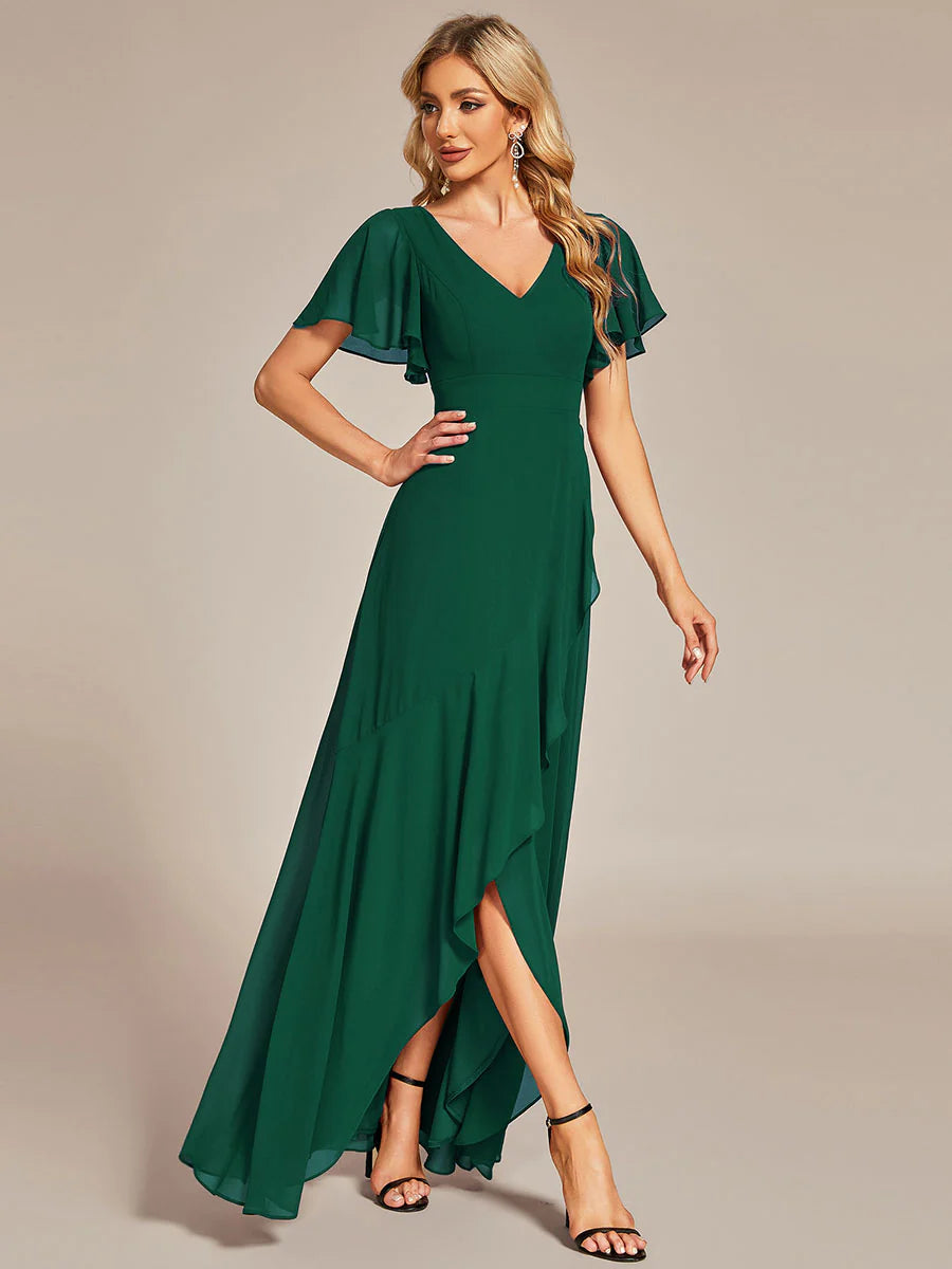 V Neck High Low Ruffles Chiffon Bridesmaid Dress - CALABRO®