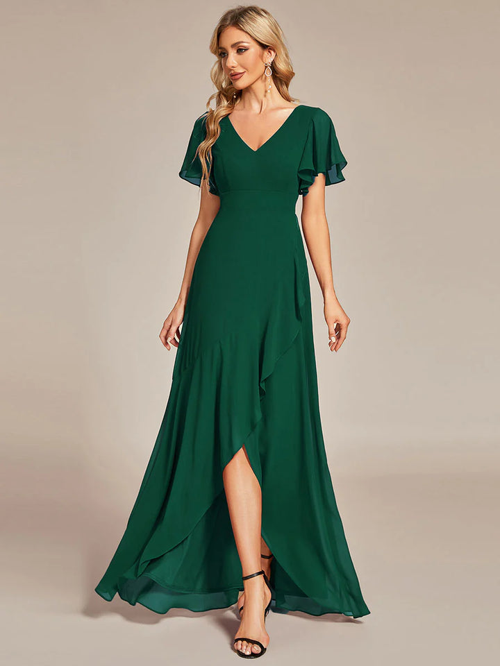 V Neck High Low Ruffles Chiffon Bridesmaid Dress - CALABRO®