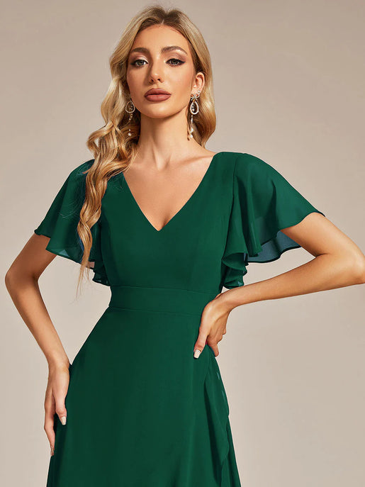 Green chiffon sale dress with sleeves