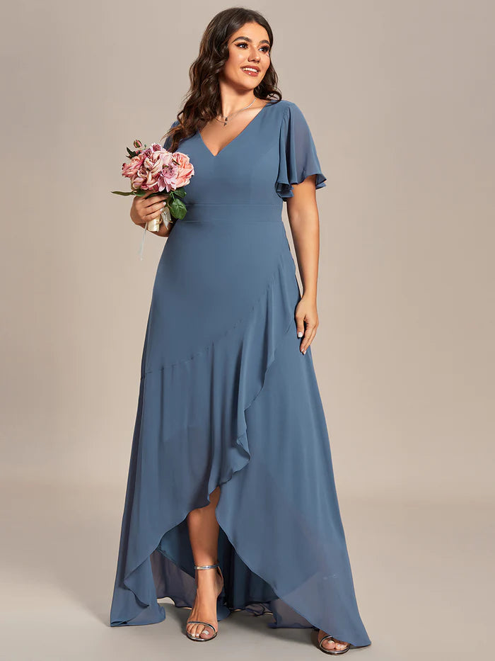 Plus V Neck High Low Ruffles Chiffon Bridesmaid Dresses - CALABRO®