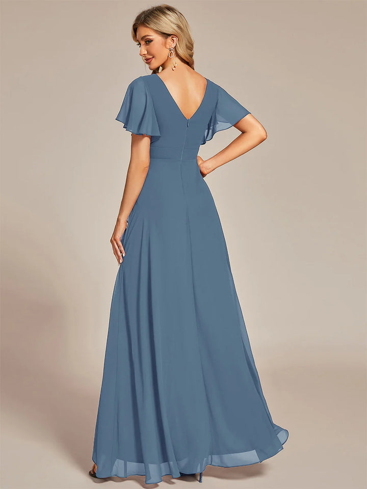 V Neck High Low Ruffles Chiffon Bridesmaid Dress - CALABRO®