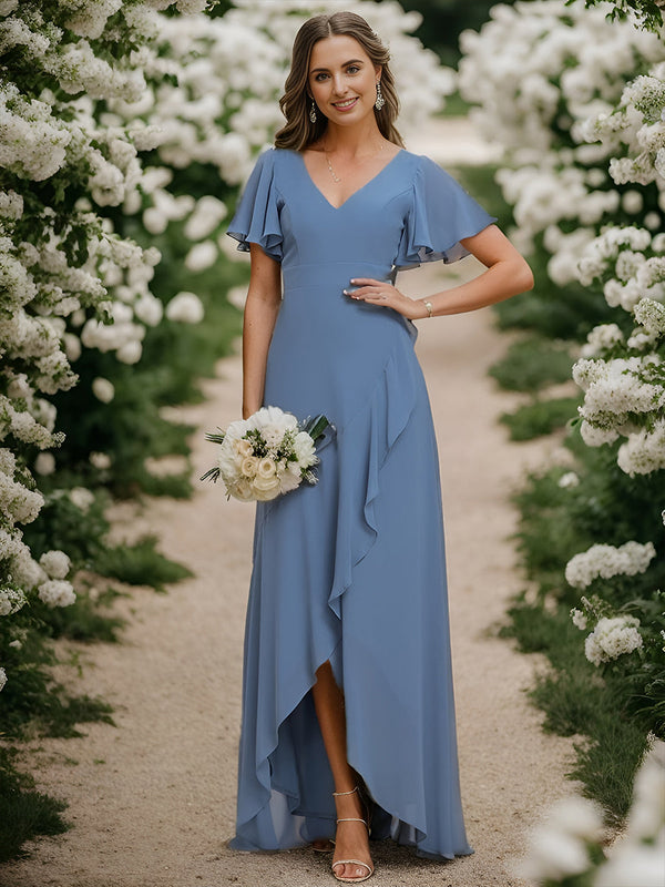 V Neck High Low Ruffles Chiffon Bridesmaid Dresses