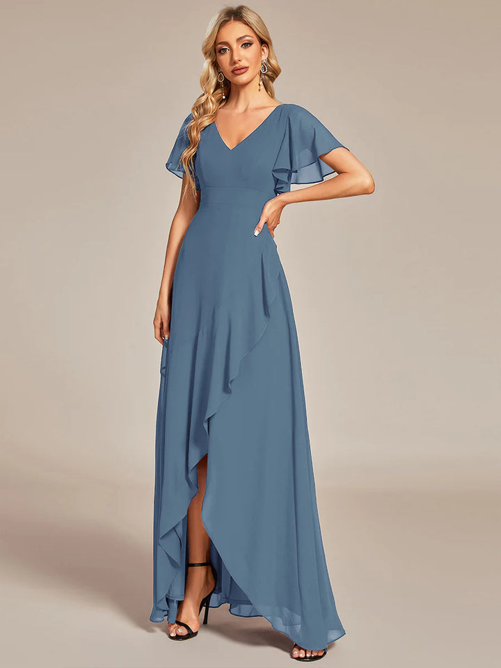 V Neck High Low Ruffles Chiffon Bridesmaid Dress - CALABRO®