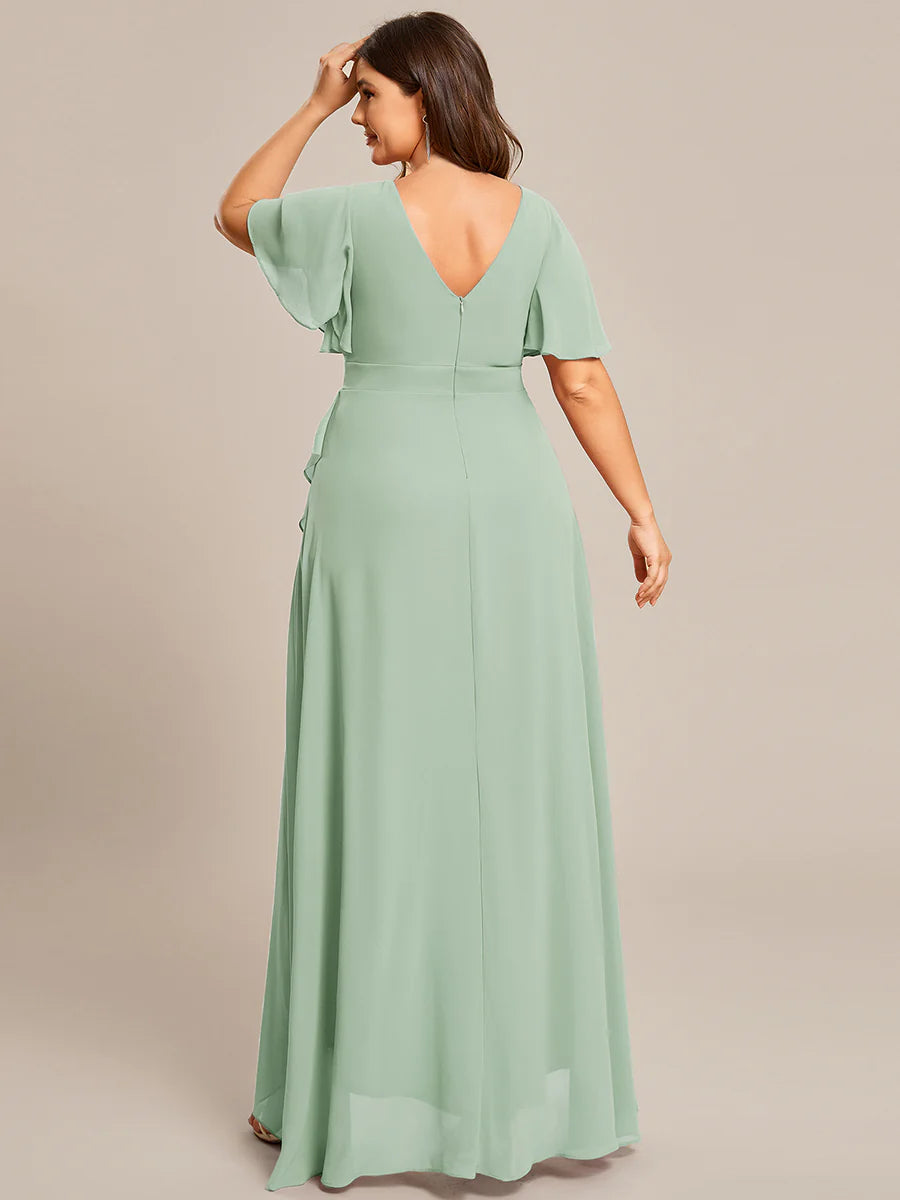 V Neck High Low Ruffles Chiffon Plus Size Evening Dress - CALABRO®