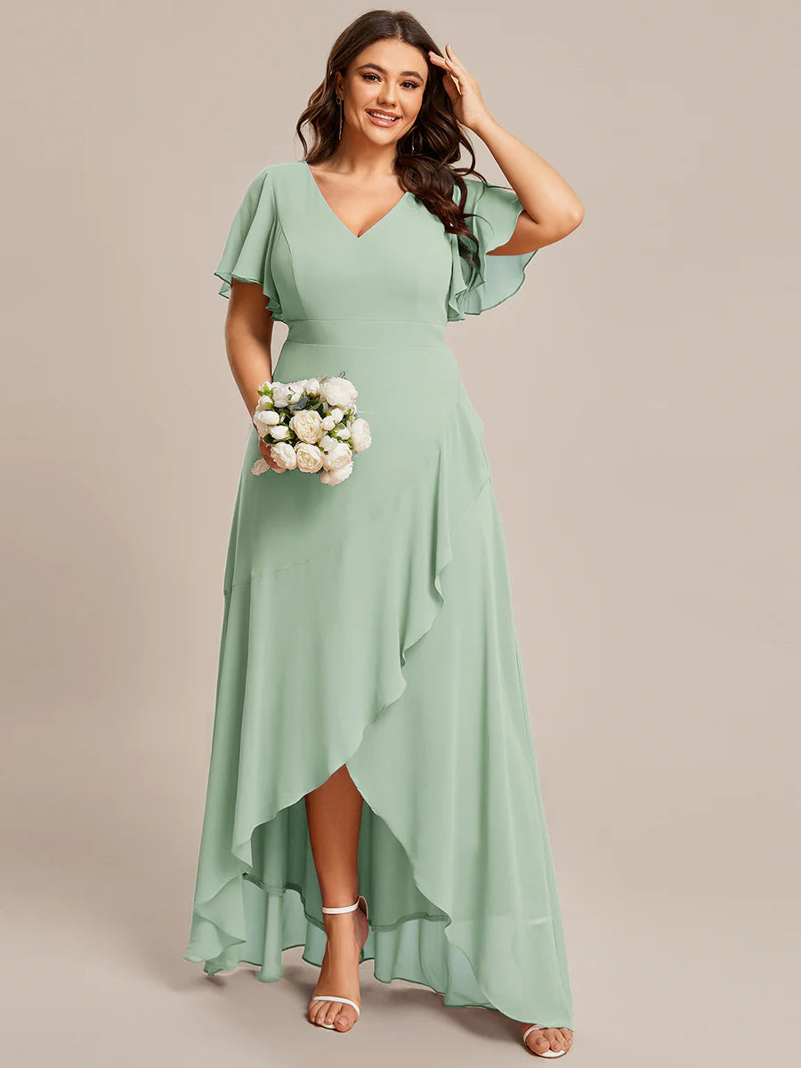 V Neck High Low Ruffles Chiffon Plus Size Evening Dress - CALABRO®