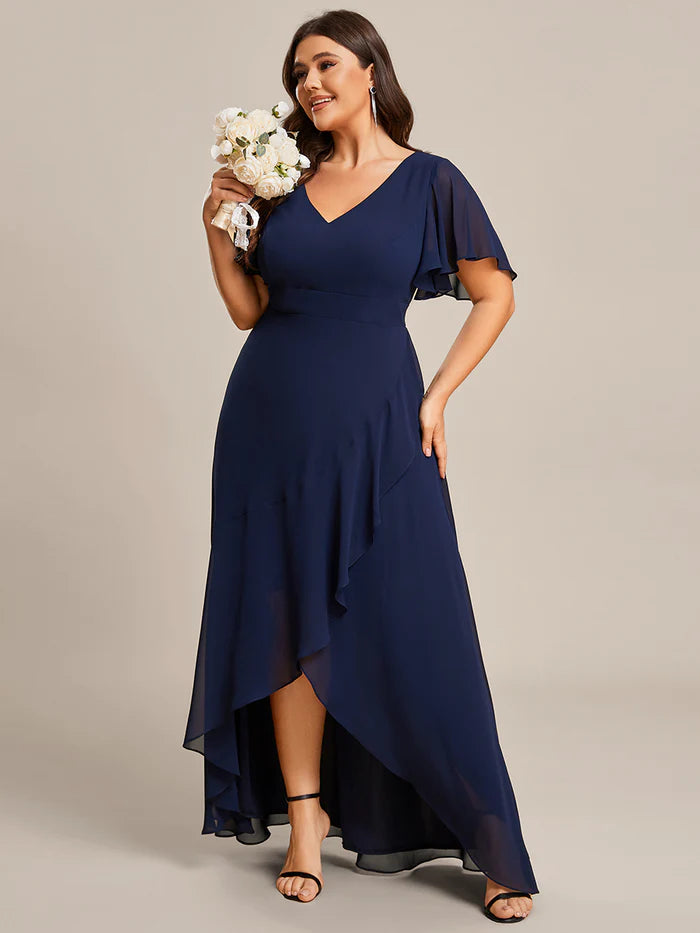 Plus V Neck High Low Ruffles Chiffon Bridesmaid Dresses - CALABRO®