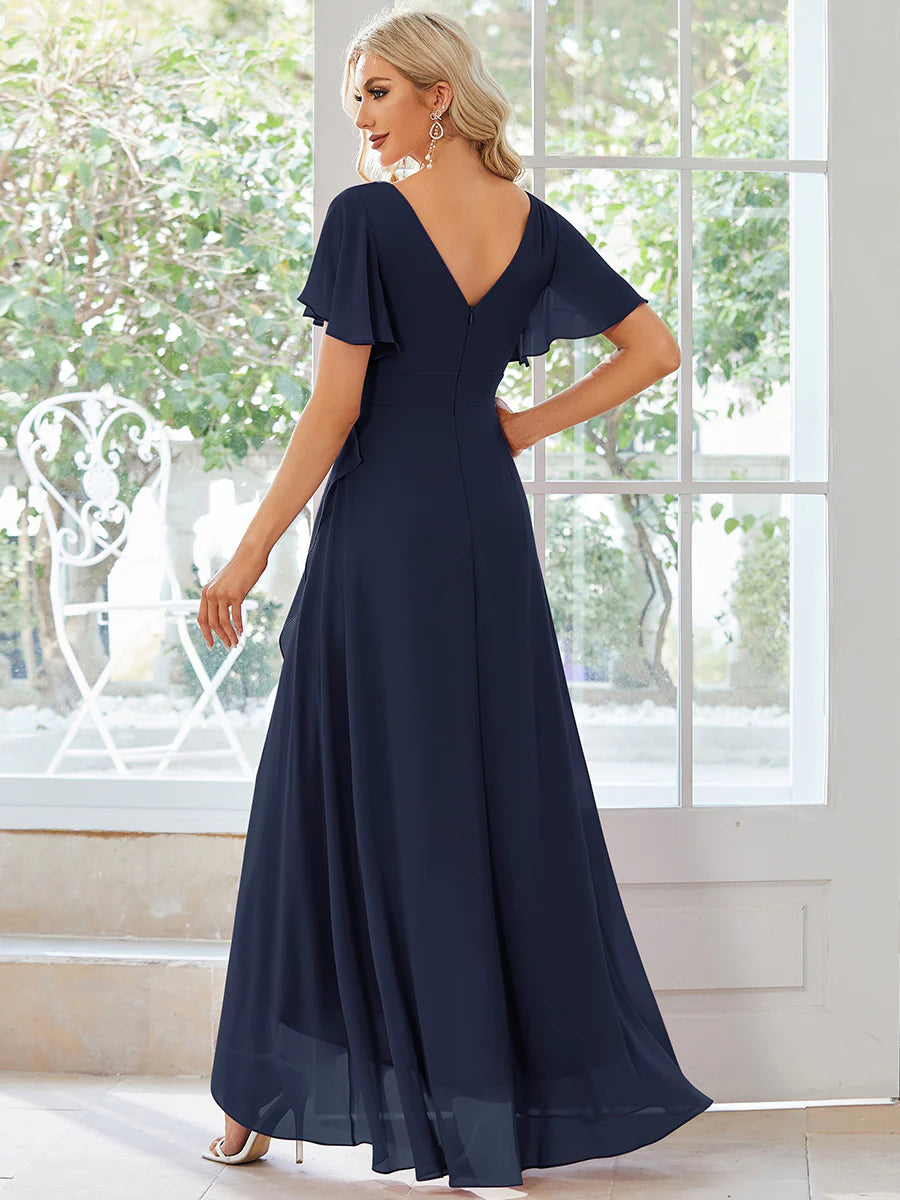 V Neck High Low Ruffles Chiffon Dress