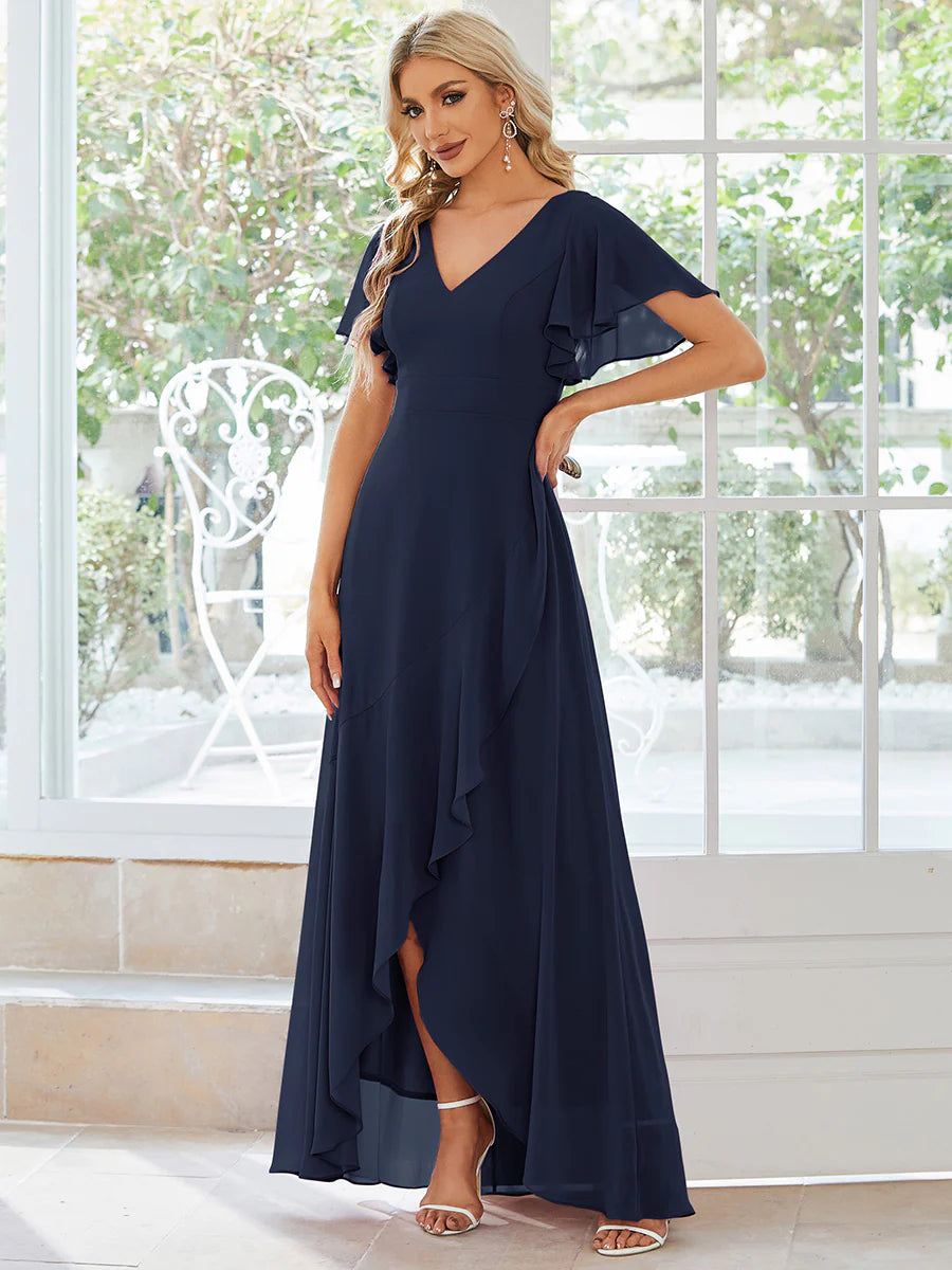 V Neck High Low Ruffles Chiffon Dress