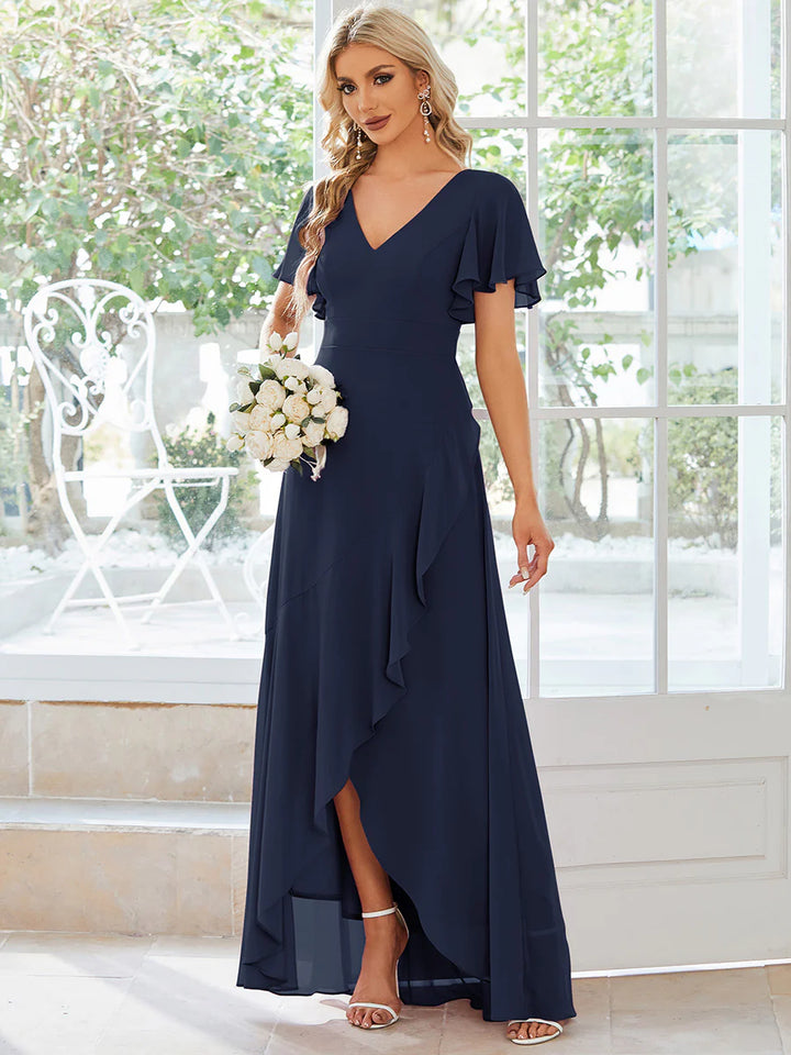 V Neck High Low Ruffles Chiffon Dress