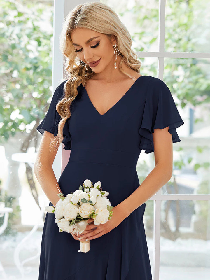 V Neck High Low Ruffles Chiffon Dress