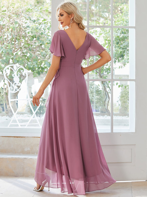 V Neck High Low Ruffles Chiffon Bridesmaid Dresses