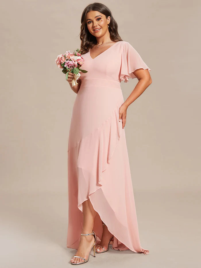 Plus V Neck High Low Ruffles Chiffon Bridesmaid Dresses - CALABRO®