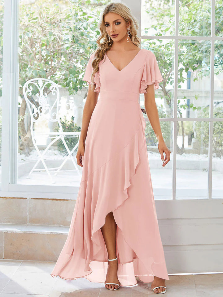 V Neck High Low Ruffles Chiffon Bridesmaid Dresses