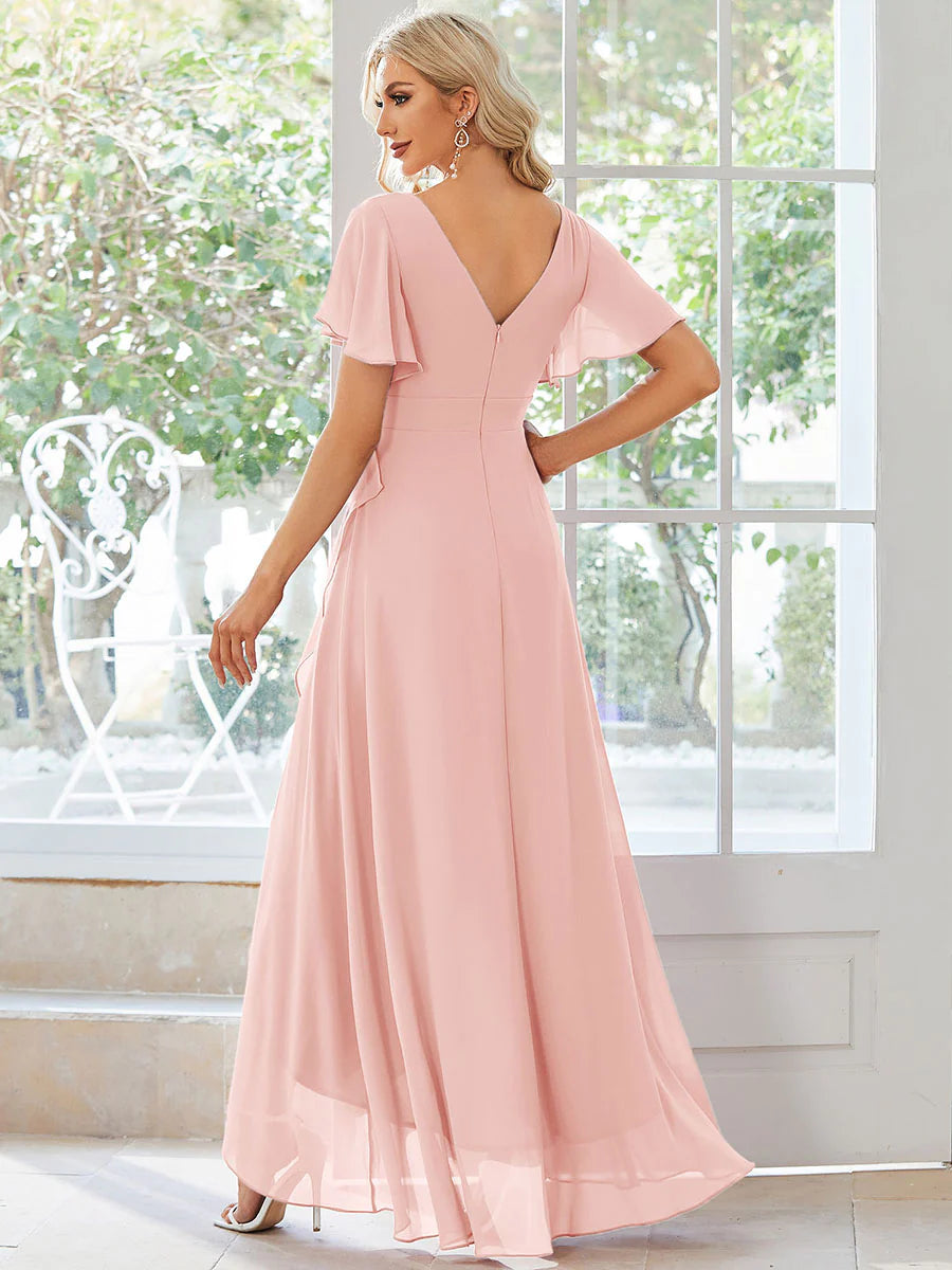 V Neck High Low Ruffles Chiffon Bridesmaid Dress - CALABRO®