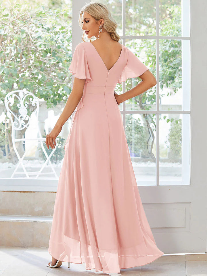 V Neck High Low Ruffles Chiffon Bridesmaid Dress - CALABRO®