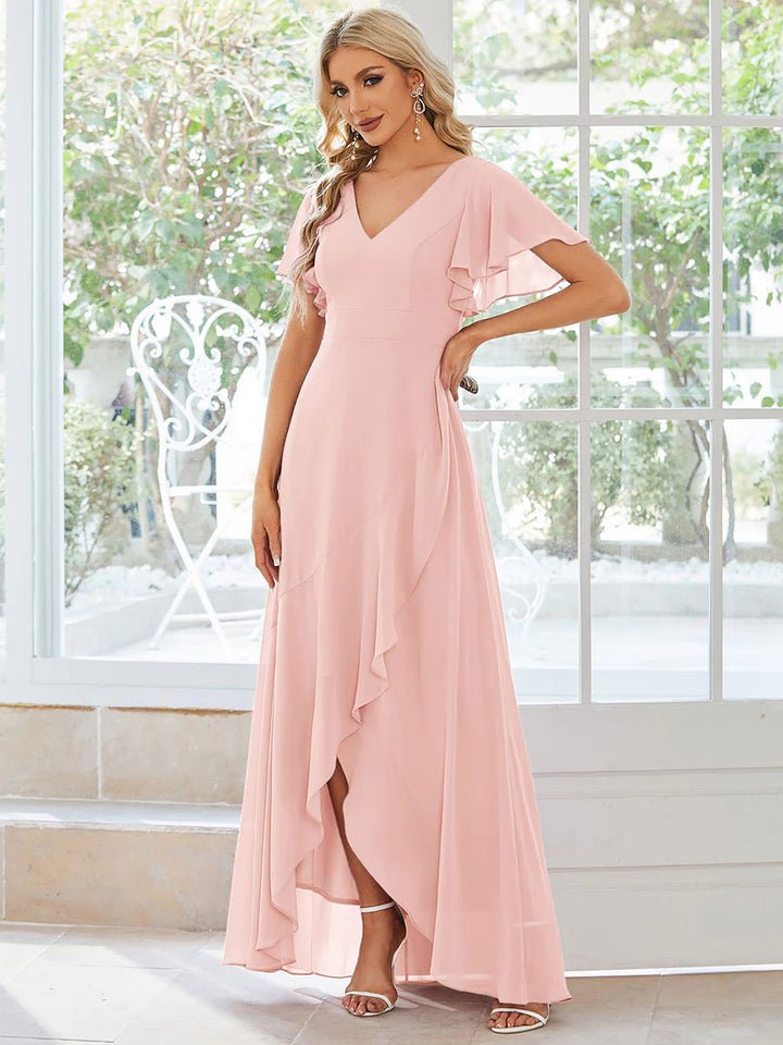 V Neck High Low Ruffles Chiffon Bridesmaid Dress - CALABRO®