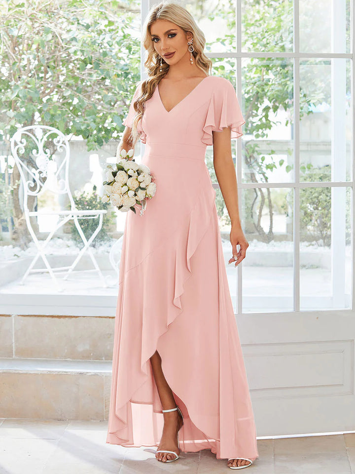 V Neck High Low Ruffles Chiffon Bridesmaid Dress - CALABRO®