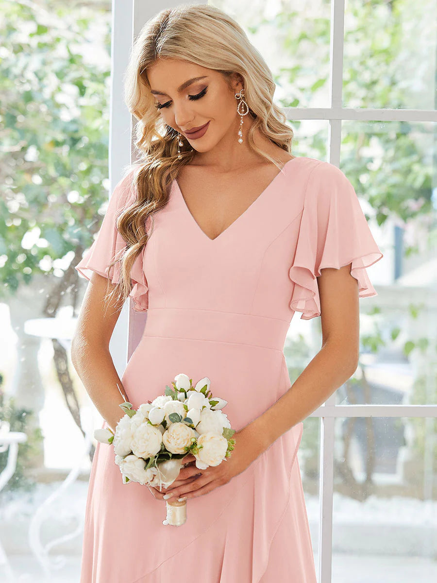 V Neck High Low Ruffles Chiffon Bridesmaid Dresses