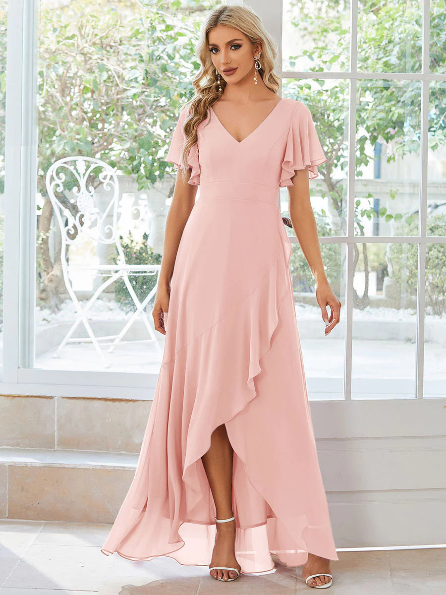 V Neck High Low Ruffles Chiffon Bridesmaid Dress - CALABRO®