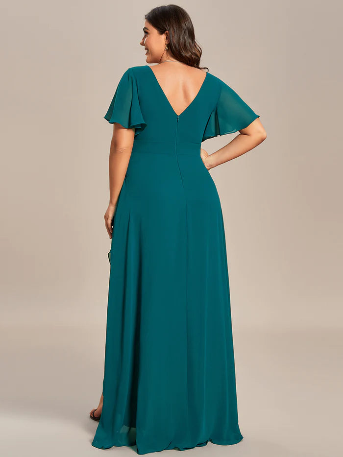 Plus V Neck High Low Ruffles Chiffon Bridesmaid Dresses - CALABRO®