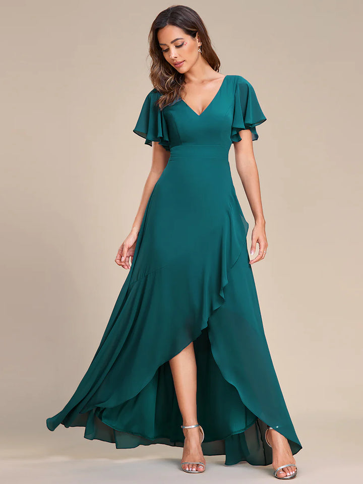 V Neck High Low Ruffles Chiffon Bridesmaid Dress - CALABRO®