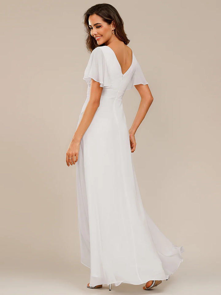 V Neck High Low Ruffles Chiffon Wedding Dress - CALABRO®