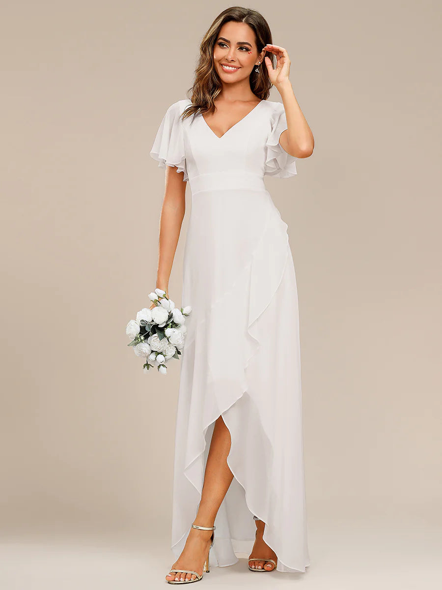 V Neck High Low Ruffles Chiffon Wedding Dress - CALABRO®