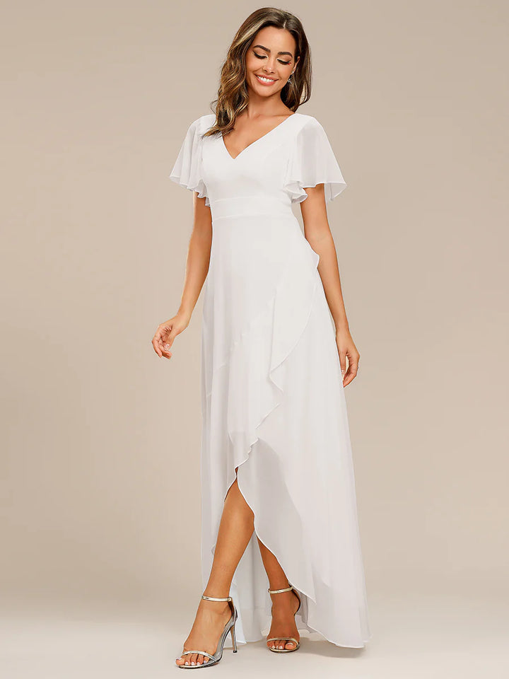 V Neck High Low Ruffles Chiffon Wedding Dress - CALABRO®