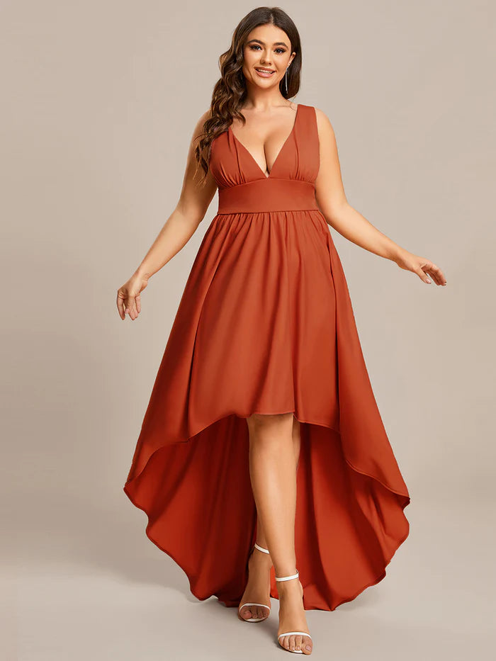 Plus High Low Deep V Neck Sleeveless Plus Size Evening Dress - CALABRO®