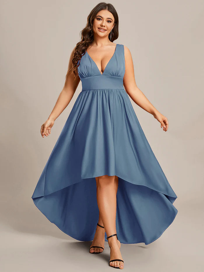 Plus High Low Deep V Neck Sleeveless Plus Size Evening Dress - CALABRO®