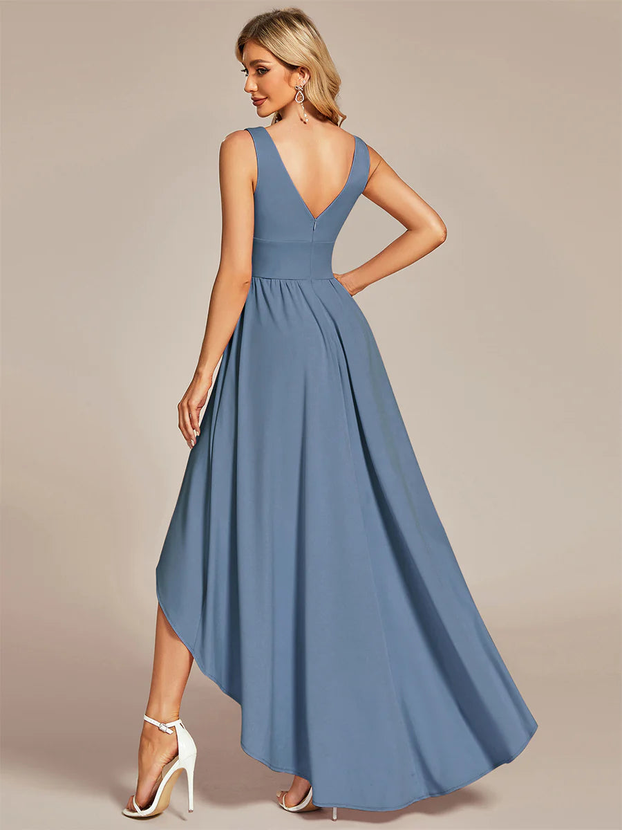 High Low Deep V Neck Sleeveless Bridesmaid Dresses - CALABRO®