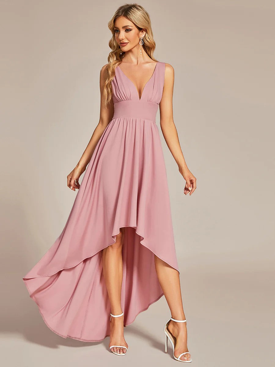 Ruffle V-Neck High-Low Bridesmaid Dress - CALABRO®