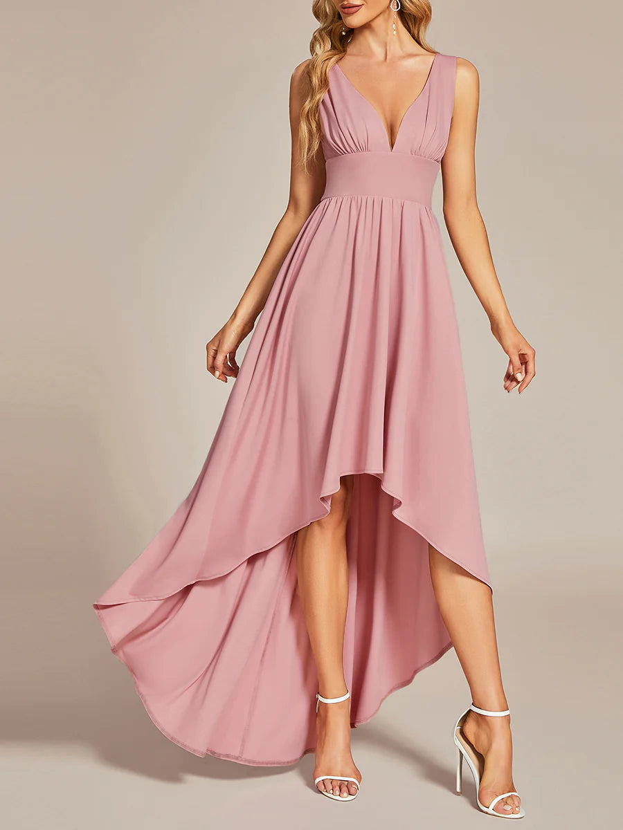 Ruffle V-Neck High-Low Bridesmaid Dress - CALABRO®