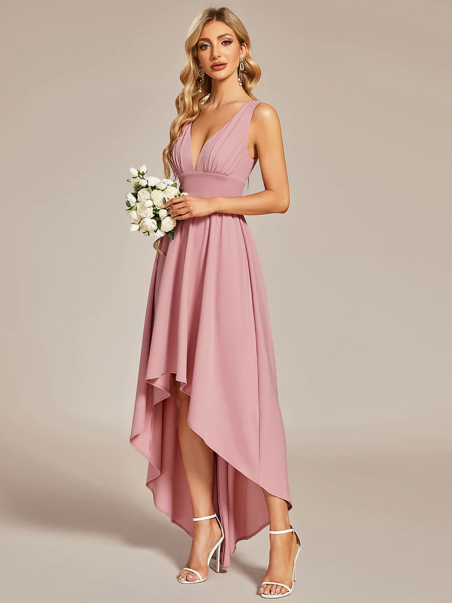 Ruffle V-Neck High-Low Bridesmaid Dress - CALABRO®