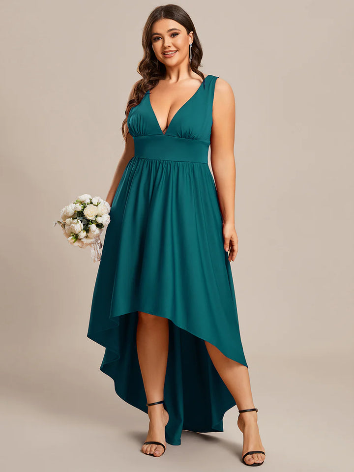 Plus High Low Deep V Neck Sleeveless Plus Size Evening Dress - CALABRO®