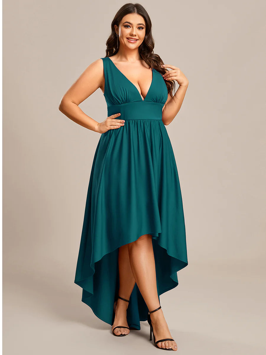 Plus High Low Deep V Neck Sleeveless Plus Size Evening Dress - CALABRO®