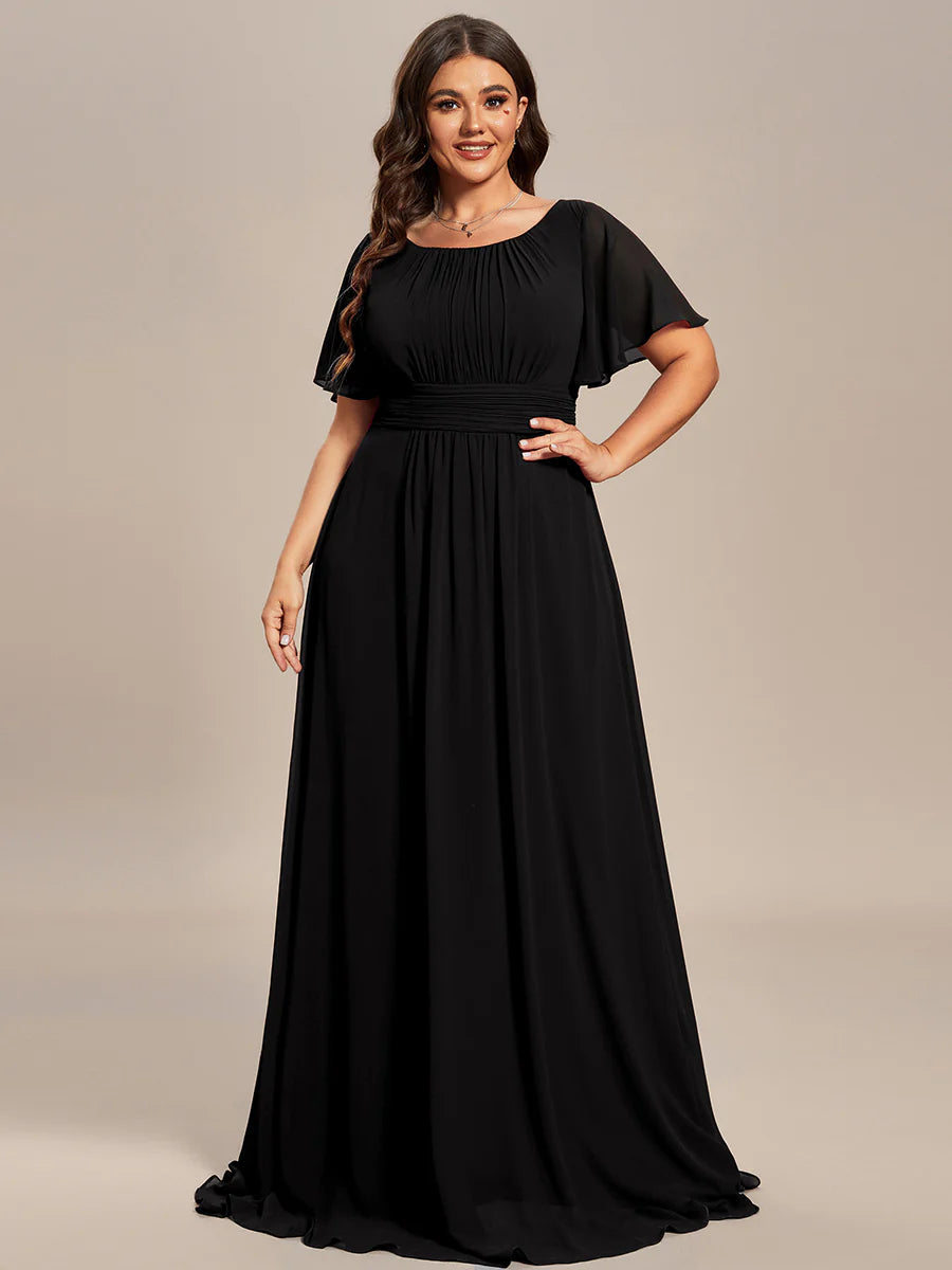 Round Neck Pleated Plus Size Evening Dress