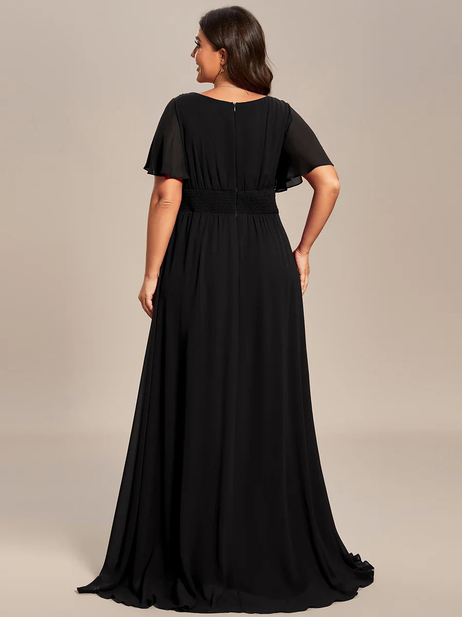 Round Neck Pleated Plus Size Evening Dress