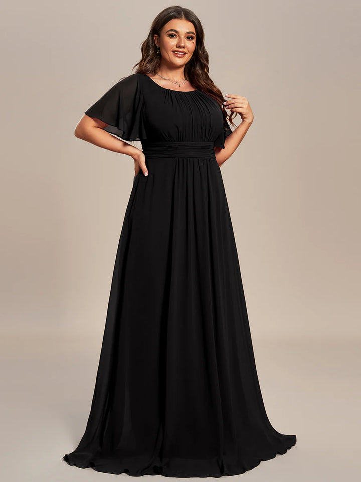 Round Neck Pleated Plus Size Evening Dress