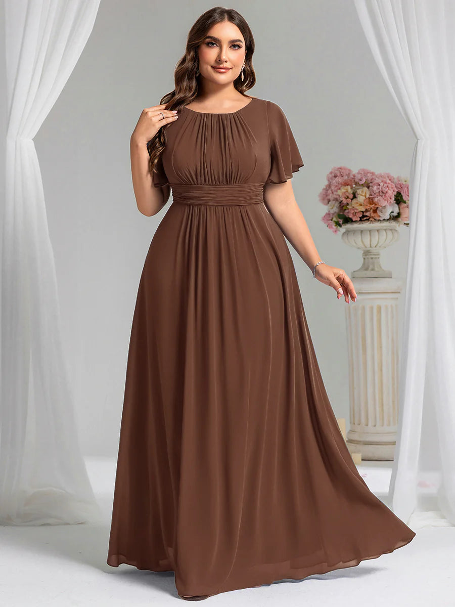 Round Neck Pleated Plus Size Evening Dress