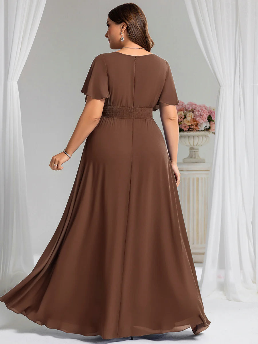 Round Neck Pleated Plus Size Evening Dress