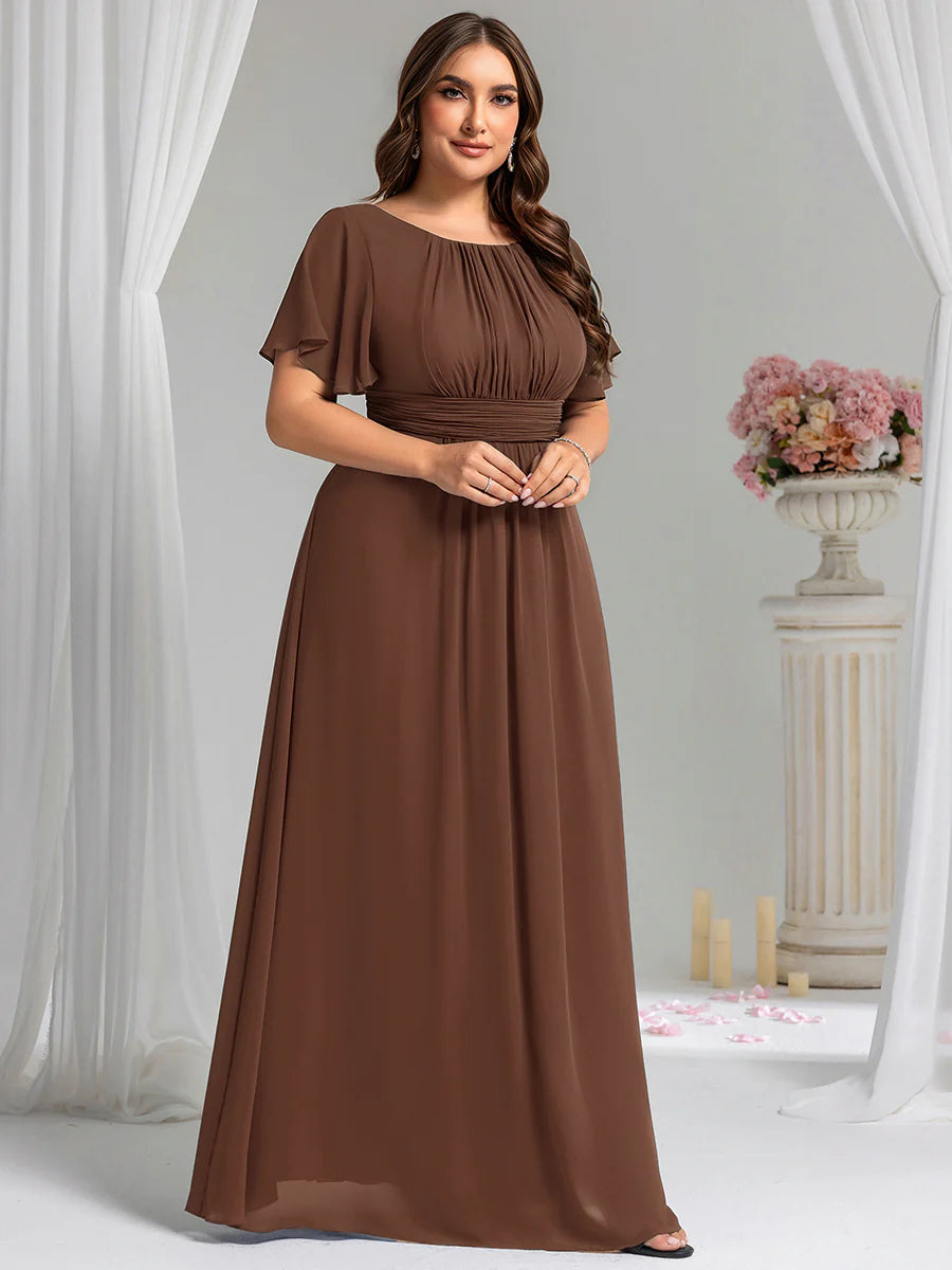 Round Neck Pleated Plus Size Evening Dress