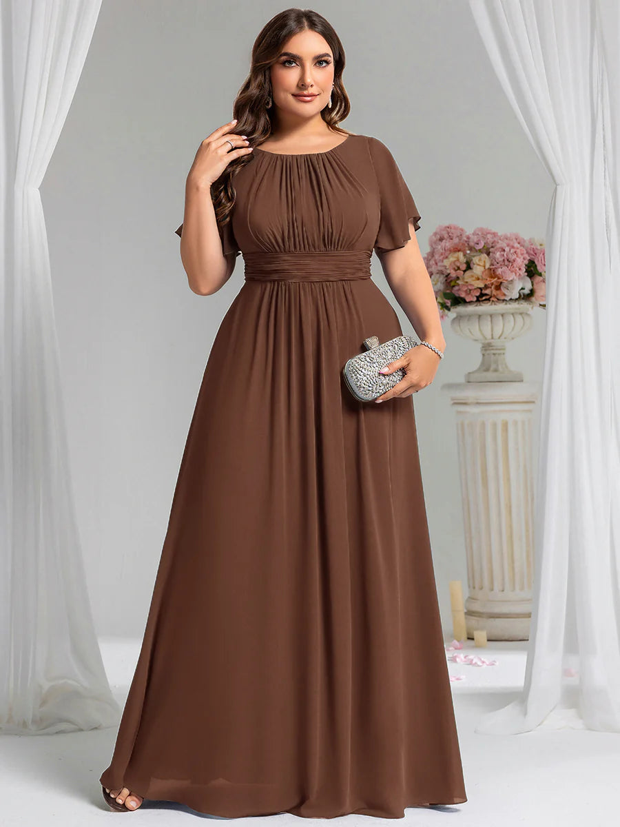 Round Neck Pleated Plus Size Evening Dress
