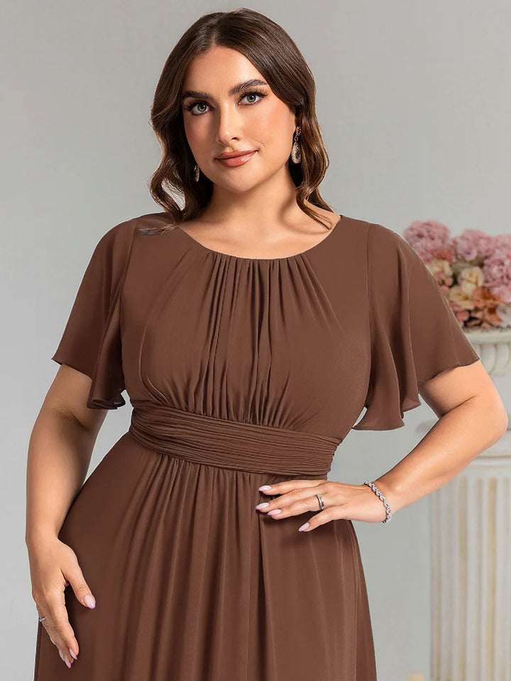 Round Neck Pleated Plus Size Evening Dress