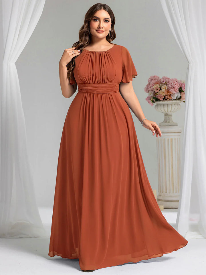 Round Neck Pleated Plus Size Evening Dress