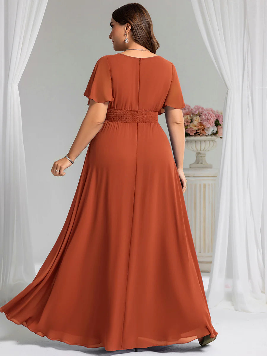 Round Neck Pleated Plus Size Evening Dress