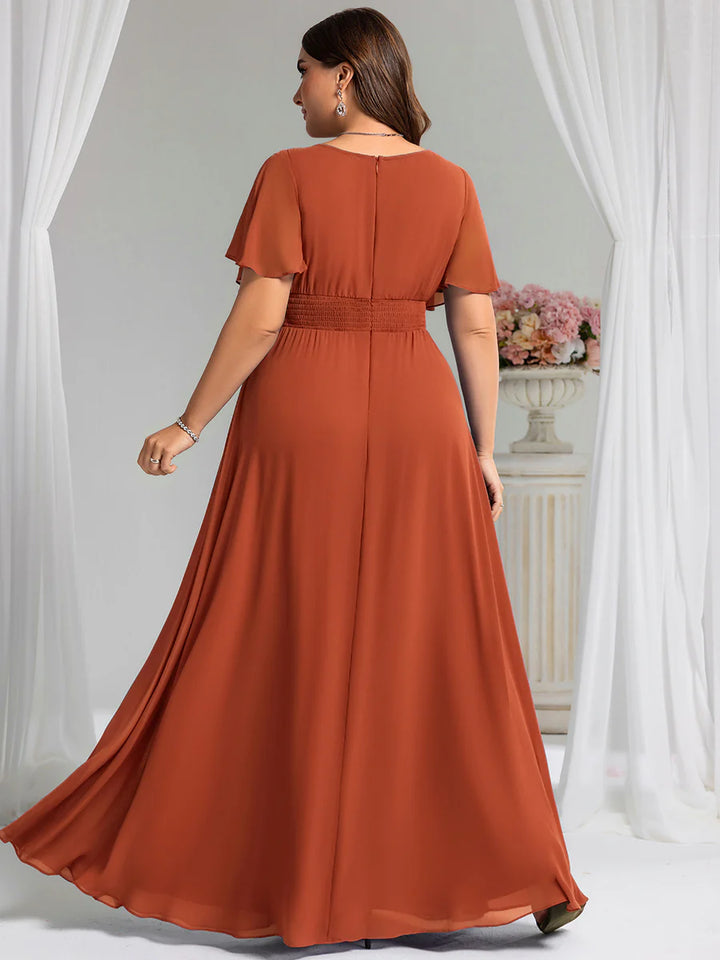 Round Neck Pleated Plus Size Evening Dress