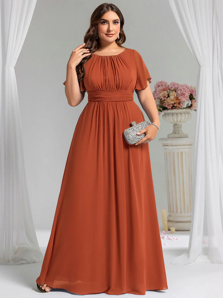Round Neck Pleated Plus Size Evening Dress