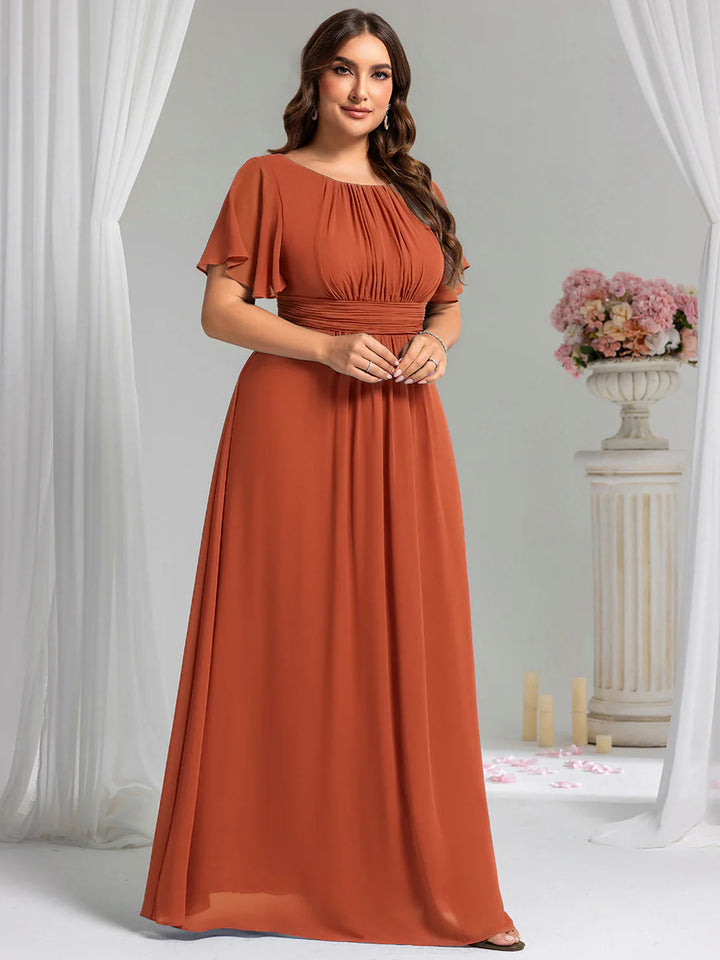 Round Neck Pleated Plus Size Evening Dress