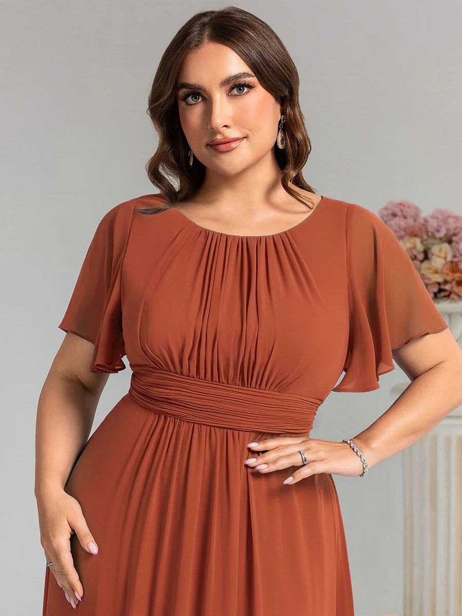 Round Neck Pleated Plus Size Evening Dress